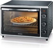 Load image into Gallery viewer, SEVERIN Mini-Four à chaleur tournante 42 L avec pierre à pizza et tournebroche, Four posable 1 800 W design élégant, électrique avec minuteur 120 min, Noir/Inox, TO 2058