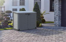 Load image into Gallery viewer, Duramax StoreAway 1200L Plastic Garden Shed/ Flat Lid, Outdoor Storage Shed, Wheelie Bin Hideaways, Wheelie bin box, Durable Construction, Ideal for Bikes, BBQs &amp; 2x 240L Bins, 145x85x125 cm, Brown