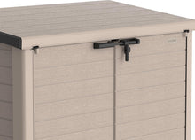 Load image into Gallery viewer, Duramax StoreAway 1200L Plastic Garden Shed/ Flat Lid, Outdoor Storage Shed, Wheelie Bin Hideaways, Wheelie bin box, Durable Construction, Ideal for Bikes, BBQs &amp; 2x 240L Bins, 145x85x125 cm, Brown