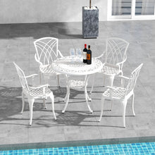 Load image into Gallery viewer, 5 Pcs Salon de Jardin en Fonte d'Aluminium Trou pour Parasol Repose-pieds Réglables Ensemble de Table Ronde et 4 Chaises Blanc