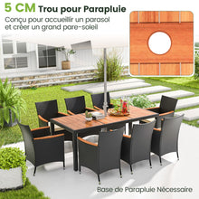 Load image into Gallery viewer, Salon de Jardin en Rotin 9 Pièces Plateau de Table en Acacia Ensemble de Salle à Manger avec Coussins Amovibles Trou Charge 180KG Beige+Noir