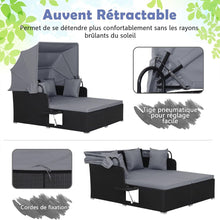 Load image into Gallery viewer, Chaise Longue à 2 Places en Rotin avec Auvent Rétractable Bain de Soleil avec Panneaux Latéraux Pliables Charge 360KG Beige/Gris