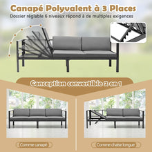 Load image into Gallery viewer, Salon de Jardin Extérieur avec Table Basse en Verre Trempé Canapéavec Dossier Inclinable à 6 Niveaux Coussins Inclus Gris