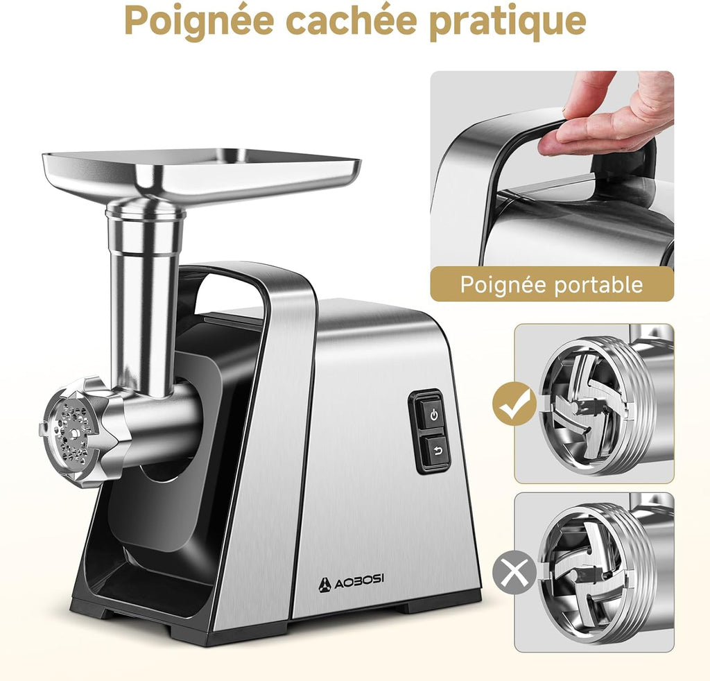 AOBOSI 4-in-1 Meat Grinder Electric Meat Grinder with 4 Stainless Steel Cutting Plates, 1 Kubbe and 3 Sausage Filling Tubes, Motor [3000w Max], Mincer with 2 Blades.