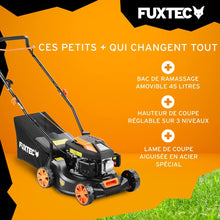 Load image into Gallery viewer, FUXTEC Tondeuse thermique pousse FX-RM4646ECO - Tres bon rapport qualit-prix - Easy Clean 3en1 largeur de coupe 46cm - bac de ramassage 50L