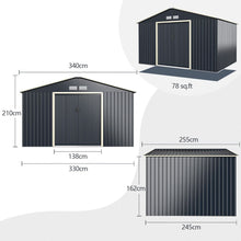 Load image into Gallery viewer, Abri de Jardin en Métal &amp; Extension 10.85㎡ avec 2 Portes Coulissantes Verrouillables 4 Trous d’Aération Gris pour Vélo
