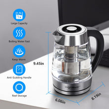 Load image into Gallery viewer, Aigostar Cris - Bouilloire en verre Température Réglable 2200W, 1.7L. Thermostat Réglable (60 à 100ºC) et fonction maintien au chaud, Filtre à thé amovible, éclairage LED de couleurs, Sans BPA.