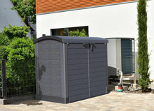 Load image into Gallery viewer, Duramax StoreAway 1200L Plastic Garden Shed/ Flat Lid, Outdoor Storage Shed, Wheelie Bin Hideaways, Wheelie bin box, Durable Construction, Ideal for Bikes, BBQs &amp; 2x 240L Bins, 145x85x125 cm, Brown