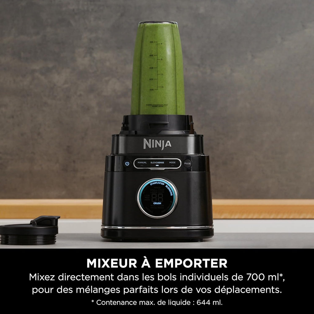 Ninja Detect Power Blender Processor Pro 3-en-1, mixeur 1200W, bol à mélanger, lame malaxeur, gobelet individuel, récipient, pétrir, mixer, hacher et mélanger, noir, TB401EU