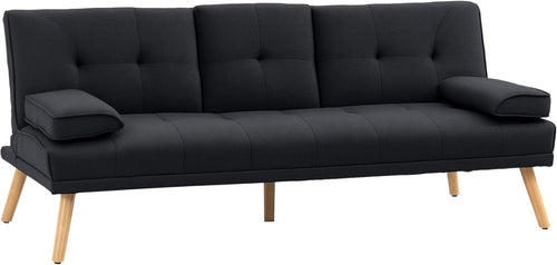 HOMCOM Canapé Convertible 3 Places Design scandinave Inclinaison Dossier réglable 3 Niveaux Dossier Centrale Rabattable 2 Porte-Verres Bois Massif Lin Gris