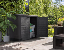 Load image into Gallery viewer, Duramax StoreAway 1200L Plastic Garden Shed/ Flat Lid, Outdoor Storage Shed, Wheelie Bin Hideaways, Wheelie bin box, Durable Construction, Ideal for Bikes, BBQs &amp; 2x 240L Bins, 145x85x125 cm, Brown