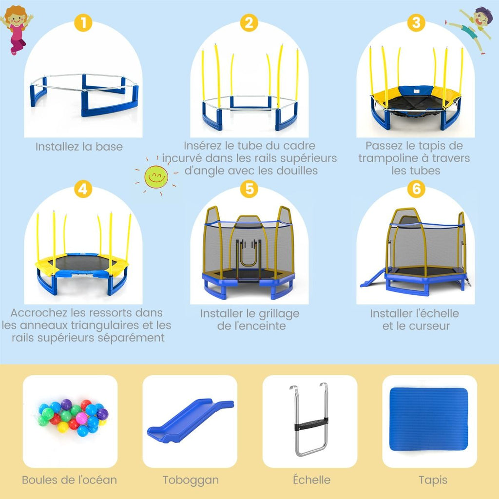Trampoline Extérieur Ø 223cm avec Toboggan&Echelle avec Filet de Sécurité 2 Portes en U Charge 270kg pour 2-3 Enfants de 3 Ans+ Bleu/Vert