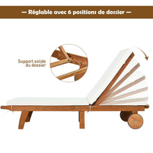 Load image into Gallery viewer, Chaise Longue Pliable en Bois avec 2 Roues et un Coussin Amovible Dossier Réglable Capacité Portante 160KG Idéal pour L’extérieur