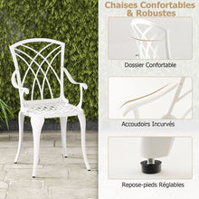 Load image into Gallery viewer, 5 Pcs Salon de Jardin en Fonte d'Aluminium Trou pour Parasol Repose-pieds Réglables Ensemble de Table Ronde et 4 Chaises Blanc