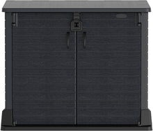 Load image into Gallery viewer, Duramax StoreAway 1200L Plastic Garden Shed/ Flat Lid, Outdoor Storage Shed, Wheelie Bin Hideaways, Wheelie bin box, Durable Construction, Ideal for Bikes, BBQs &amp; 2x 240L Bins, 145x85x125 cm, Brown