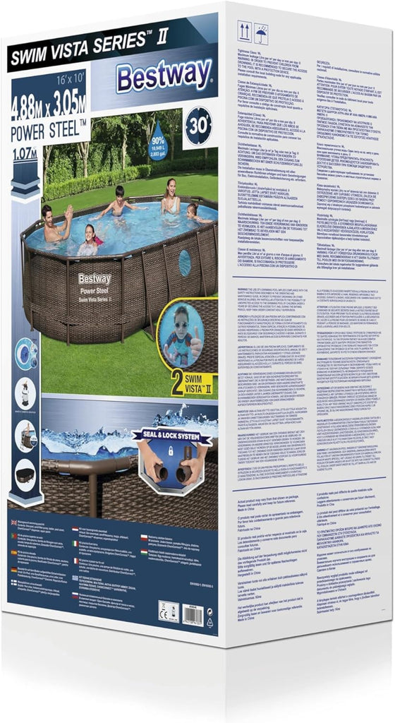 Bestway 56946 Piscine Power Steel™ Swim Vista ovale 488 x 305 x 107 cm motif rotin avec hublots, filtration à sable, échelle, bâche et diffuseur Chemconnect™