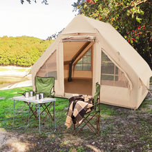 Load image into Gallery viewer, Tente de Camping Gonflable 6 m² pour 4-6 Personnes Tente en Coton Coupe-vent et Imperméable avec Pompe 7 Fenêtres à Moustiquaire Beige