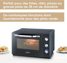 Load image into Gallery viewer, SEVERIN Mini-Four à chaleur tournante 42 L avec pierre à pizza et tournebroche, Four posable 1 800 W design élégant, électrique avec minuteur 120 min, Noir/Inox, TO 2058