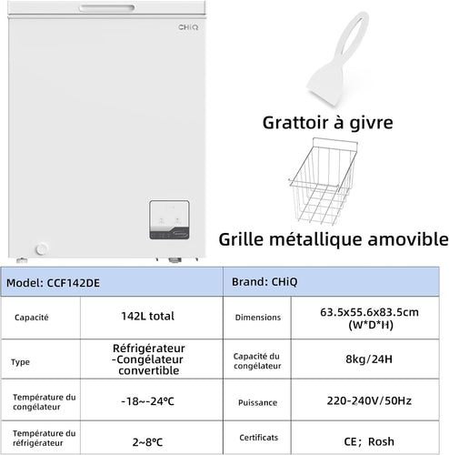 Congélateur coffre CHiQ 142L, 63,5 x 55,6 x 83,5cm, Congélateur Inverter, Affichage de la température extérieure, Mode de congélation rapide -32℃, Grille métallique,Faible bruit