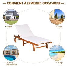 Load image into Gallery viewer, Chaise Longue Pliable en Bois avec 2 Roues et un Coussin Amovible Dossier Réglable Capacité Portante 160KG Idéal pour L’extérieur