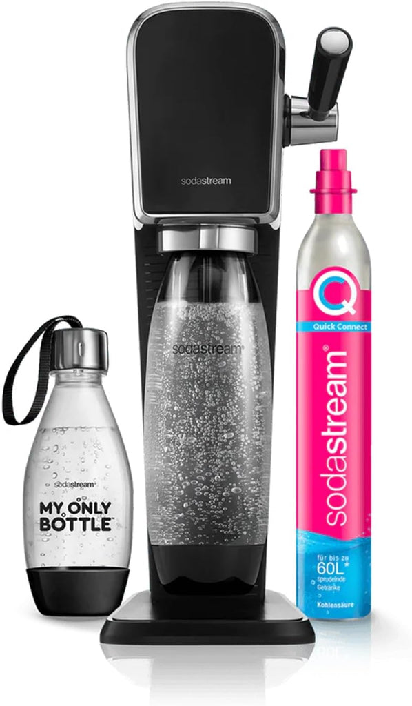 SodaStream ART Sparkling Water and Soda Machine | Pack of 1 Bottle 1 L + 1 Bottle 0.5 L Dishwasher Safe + 1 60L Gas Refill Clip On | Black [Amazon Exclusive]