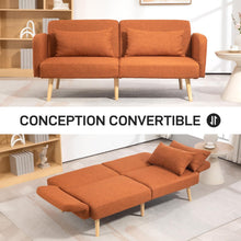 Load image into Gallery viewer, HOMCOM Canapé Convertible 3 Places, canapé-lit 2 Places, Dossier inclinable et accoudoirs réglables, canapé clic clac en Tissu Effet Lin, Pieds en Bois Massif, 2 Coussins lavables, Marron
