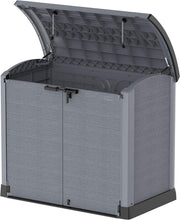 Load image into Gallery viewer, Duramax StoreAway 1200L Plastic Garden Shed/ Flat Lid, Outdoor Storage Shed, Wheelie Bin Hideaways, Wheelie bin box, Durable Construction, Ideal for Bikes, BBQs &amp; 2x 240L Bins, 145x85x125 cm, Brown