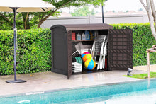 Load image into Gallery viewer, Duramax StoreAway 1200L Plastic Garden Shed/ Flat Lid, Outdoor Storage Shed, Wheelie Bin Hideaways, Wheelie bin box, Durable Construction, Ideal for Bikes, BBQs &amp; 2x 240L Bins, 145x85x125 cm, Brown