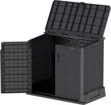 Load image into Gallery viewer, Duramax StoreAway 1200L Plastic Garden Shed/ Flat Lid, Outdoor Storage Shed, Wheelie Bin Hideaways, Wheelie bin box, Durable Construction, Ideal for Bikes, BBQs &amp; 2x 240L Bins, 145x85x125 cm, Brown