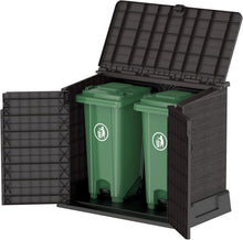 Load image into Gallery viewer, Duramax StoreAway 1200L Plastic Garden Shed/ Flat Lid, Outdoor Storage Shed, Wheelie Bin Hideaways, Wheelie bin box, Durable Construction, Ideal for Bikes, BBQs &amp; 2x 240L Bins, 145x85x125 cm, Brown