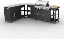 Load image into Gallery viewer, Grand barbecue à gaz GPL butane propane cuisine extérieure 4 brûleurs + 1 réchaud latéral 1 évier grand plan de travail inox espace de rangement 8 roues