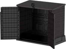 Load image into Gallery viewer, Duramax StoreAway 1200L Plastic Garden Shed/ Flat Lid, Outdoor Storage Shed, Wheelie Bin Hideaways, Wheelie bin box, Durable Construction, Ideal for Bikes, BBQs &amp; 2x 240L Bins, 145x85x125 cm, Brown