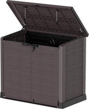 Load image into Gallery viewer, Duramax StoreAway 1200L Plastic Garden Shed/ Flat Lid, Outdoor Storage Shed, Wheelie Bin Hideaways, Wheelie bin box, Durable Construction, Ideal for Bikes, BBQs &amp; 2x 240L Bins, 145x85x125 cm, Brown