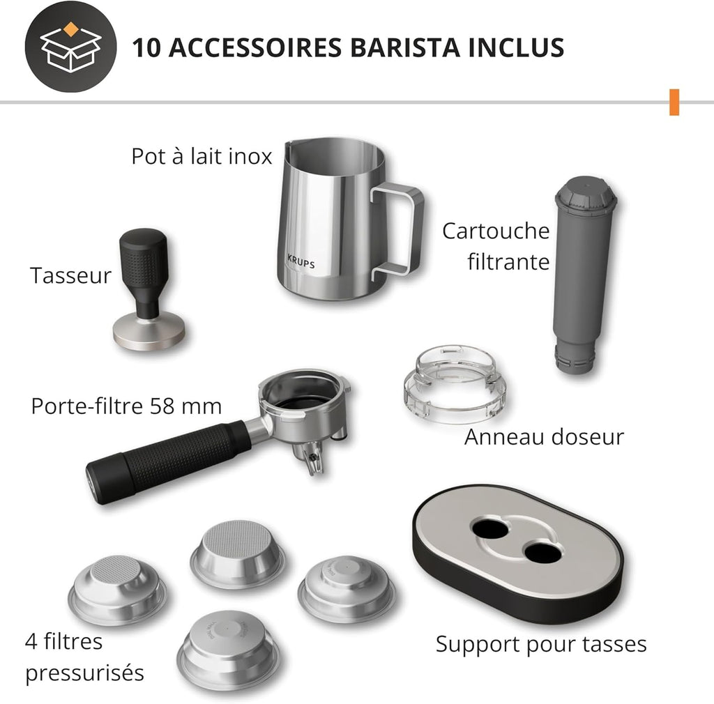Krups Virtuoso+, Machine expresso, Machine a cafe à pompe, expresso machine a cafe moulu ou dosettes, 15 bars, Inox, Buse vapeur, Espresso et cappuccino, XP444G10