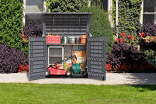 Load image into Gallery viewer, Duramax StoreAway 1200L Plastic Garden Shed/ Flat Lid, Outdoor Storage Shed, Wheelie Bin Hideaways, Wheelie bin box, Durable Construction, Ideal for Bikes, BBQs &amp; 2x 240L Bins, 145x85x125 cm, Brown
