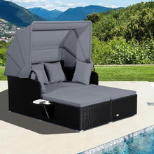 Load image into Gallery viewer, Chaise Longue à 2 Places en Rotin avec Auvent Rétractable Bain de Soleil avec Panneaux Latéraux Pliables Charge 360KG Beige/Gris