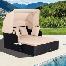 Load image into Gallery viewer, Chaise Longue à 2 Places en Rotin avec Auvent Rétractable Bain de Soleil avec Panneaux Latéraux Pliables Charge 360KG Beige/Gris