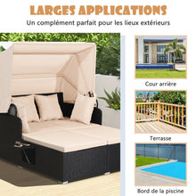 Load image into Gallery viewer, Chaise Longue à 2 Places en Rotin avec Auvent Rétractable Bain de Soleil avec Panneaux Latéraux Pliables Charge 360KG Beige/Gris