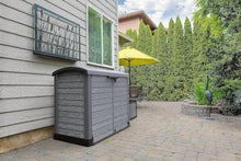 Load image into Gallery viewer, Duramax StoreAway 1200L Plastic Garden Shed/ Flat Lid, Outdoor Storage Shed, Wheelie Bin Hideaways, Wheelie bin box, Durable Construction, Ideal for Bikes, BBQs &amp; 2x 240L Bins, 145x85x125 cm, Brown