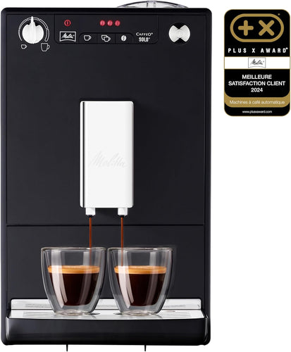 Melitta Caffeo Solo Noir Pure Black, Machine à Café à Grains avec Broyeur et Système d'Extraction des Arômes, Affichage LED, Mode 1 à 2 Tasses, Cafetière Expresso, Automatique, E950-222, 1400W