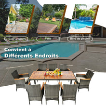 Load image into Gallery viewer, Salon de Jardin avec 1 Table et 8 Chaises en Bois et Rotin Synthétique Anti-UV Pieds Réglables et Coussins Imperméables Inclus