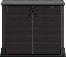 Load image into Gallery viewer, Duramax StoreAway 1200L Plastic Garden Shed/ Flat Lid, Outdoor Storage Shed, Wheelie Bin Hideaways, Wheelie bin box, Durable Construction, Ideal for Bikes, BBQs &amp; 2x 240L Bins, 145x85x125 cm, Brown