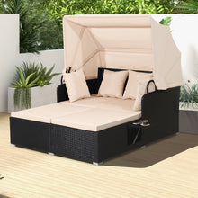 Load image into Gallery viewer, Chaise Longue à 2 Places en Rotin avec Auvent Rétractable Bain de Soleil avec Panneaux Latéraux Pliables Charge 360KG Beige/Gris
