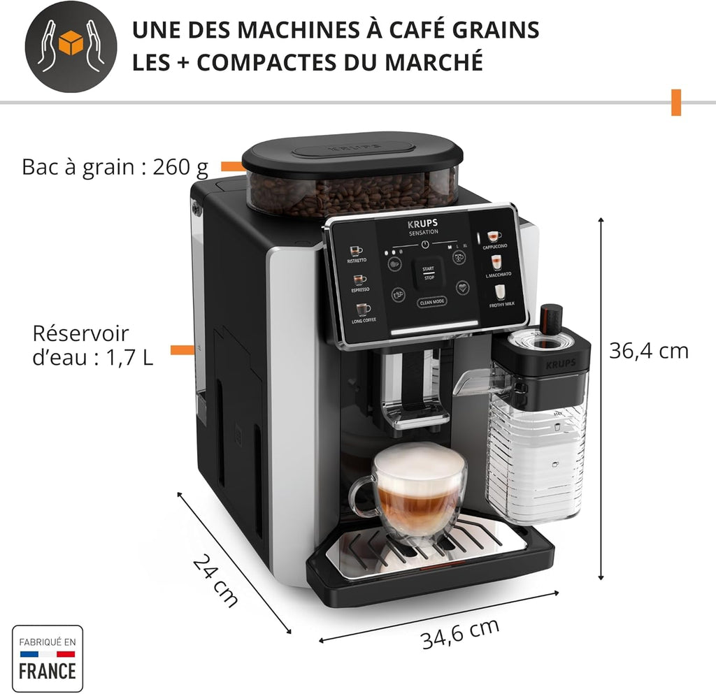 Krups Sensation C50, Machine à café grains, machine expresso, 5 boissons accès direct, Interface tactile, Facile à utiliser, Nettoyage automatique, Buse vapeur Cappuccino, Fabriqué en France EA910810