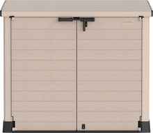Load image into Gallery viewer, Duramax StoreAway 1200L Plastic Garden Shed/ Flat Lid, Outdoor Storage Shed, Wheelie Bin Hideaways, Wheelie bin box, Durable Construction, Ideal for Bikes, BBQs &amp; 2x 240L Bins, 145x85x125 cm, Brown