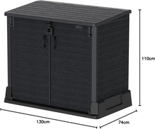 Load image into Gallery viewer, Duramax StoreAway 1200L Plastic Garden Shed/ Flat Lid, Outdoor Storage Shed, Wheelie Bin Hideaways, Wheelie bin box, Durable Construction, Ideal for Bikes, BBQs &amp; 2x 240L Bins, 145x85x125 cm, Brown