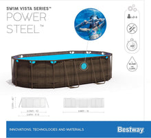 Load image into Gallery viewer, Bestway 56946 Piscine Power Steel™ Swim Vista ovale 488 x 305 x 107 cm motif rotin avec hublots, filtration à sable, échelle, bâche et diffuseur Chemconnect™