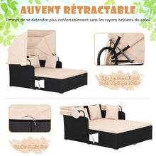 Load image into Gallery viewer, Chaise Longue à 2 Places en Rotin avec Auvent Rétractable Bain de Soleil avec Panneaux Latéraux Pliables Charge 360KG Beige/Gris
