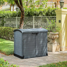 Load image into Gallery viewer, Duramax StoreAway 1200L Plastic Garden Shed/ Flat Lid, Outdoor Storage Shed, Wheelie Bin Hideaways, Wheelie bin box, Durable Construction, Ideal for Bikes, BBQs &amp; 2x 240L Bins, 145x85x125 cm, Brown