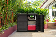 Load image into Gallery viewer, Duramax StoreAway 1200L Plastic Garden Shed/ Flat Lid, Outdoor Storage Shed, Wheelie Bin Hideaways, Wheelie bin box, Durable Construction, Ideal for Bikes, BBQs &amp; 2x 240L Bins, 145x85x125 cm, Brown